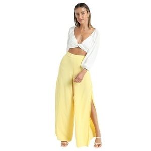 Showpo. x Anthropologie Narissa Side Splits High Waisted Wide Leg Pants in Lemon